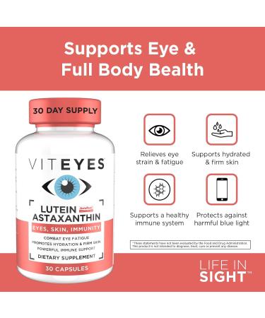 Viteyes Lutein & Astaxanthin Relieve Eye Fatigue, Hydrate & Firm Skin, Blue Light Protection, Immune Support, 20 mg Lutein, 4 mg Astaxanthin, Eye Vitamins, Doctor Trusted Brand, 30 Capsules - Buy Online on GoSupps.com