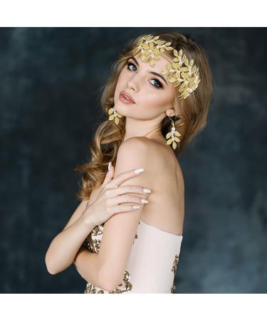 Grecian Goddess Costume Accessories Set - Golden Leaf Bracelet, Bridal Hair Crown, Pearl Earrings & Comb for Women | Perfect for Wedding Party - Buy Online on GoSupps.com