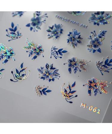 5D Embossed Flower Nail Art Stickers for Acrylic Nails - Blue Flowers with Gold Lines - Nail Decals for Women DIY Manicures - Buy Online on GoSupps.com