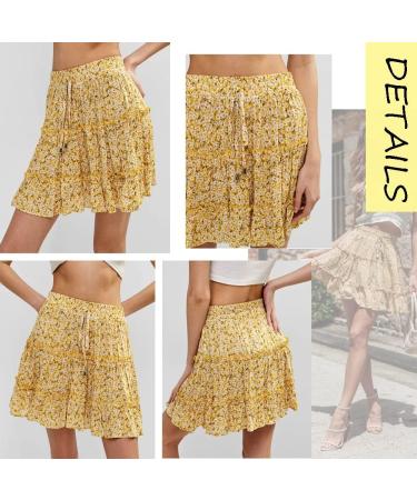 LAEMILIA Womens Floral Print Elastic Waist Flared Mini Skater Skirt - Yellow - Buy Online on GoSupps.com