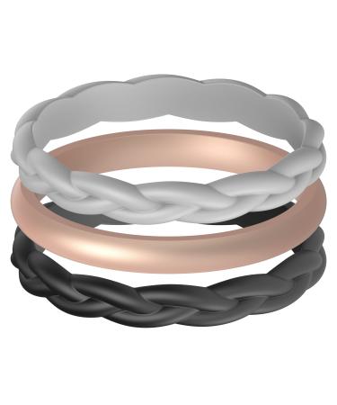 ThunderFit Women Silicone Wedding Bands, Breathable Wedding Rings for Women, Unique Designs Braided- Black, Grey A, Thin-Rose Gold A 8.5 - 9 (18.9mm)