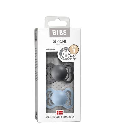 BIBSS Supreme BPA-Free Silicone Pacifiers 2-Pack | Symmetrical Nipple for 0-6 Months | Made in Denmark | Baby Blue & Iron - Buy Online on GoSupps.com