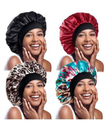 4Pcs Large Satin Bonnet,Silk Bonnet with Wide Elastic Band,Hair Bonnet for Curly Hair,Big Sleep Cap for Women Hair Care (Black+Red+Leopard+Blue Flower)