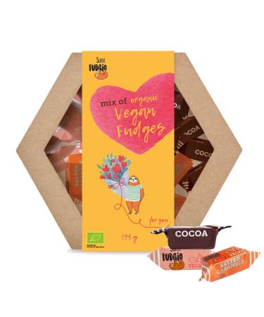 Super fudgio organic vegan candy in the mix gift box |Gluten -free |Organic caramel candies without palm oil |With organic coconut milk and coconut sugar |195g |Toffee cocoa carmel and salt