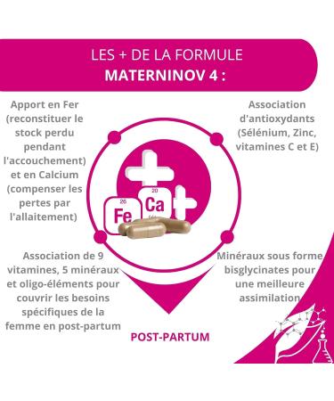 MATERNINOV 4 FOOD SUPPLEMENT AFTER PREGNANCY and/or BREASTFEEDING Solution to Post-Pregnancy Deficiencies Reduces Fatigue Stress Palpitations and Dizziness Made in France - Buy Online on GoSupps.com
