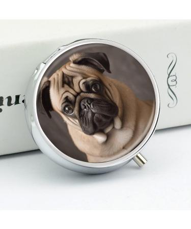Round Pill Box with Pug Dog Print - 3 Compartment Decorative Metal Pill Organizer | Portable Pocket Pill Case - Buy Online on GoSupps.com