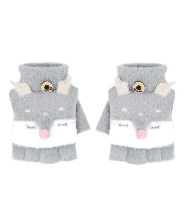 Toddler Kids Puppy Flip Top Short Knitted Half Finger Gloves for 3-8 Yrs Elk/Grey