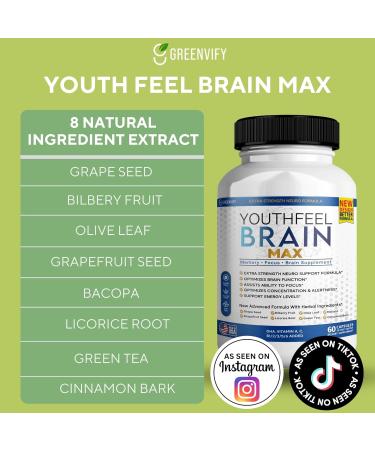 Youthfeel Brain Max Memory Support Supplement 60 Capsules Extra Strength Neuro Formula with Vitamins and Herbal Ingredients (1) - Buy Online on GoSupps.com