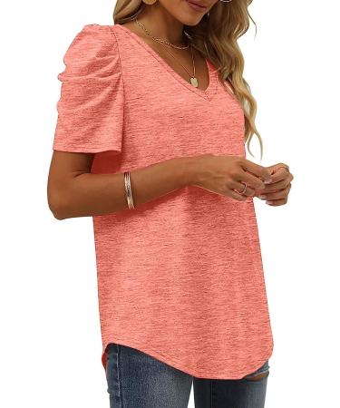 Puff Short Sleeve V Neck Top - Women's Elegant Casual T-Shirt Blouse in X-Large Pink - Buy Online on GoSupps.com