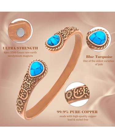 Jeroot Women's Copper Magnetic Bracelet - Vintage Flower Design with 6 Powerful Magnets & Turquoise Accents - Buy Online on GoSupps.com