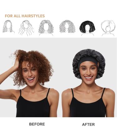 Hat Hut Satin Silk Bonnet for Curly Hair | Adjustable Wide Band Sleep Cap for Women | Double Layer Design | A01-Black - Buy Online on GoSupps.com