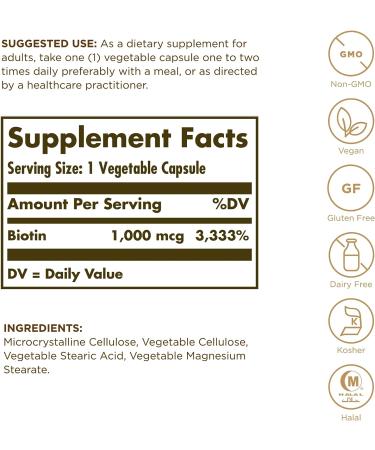 Solgar Biotin 1000 mcg - 100 Vegetable Capsules | Supports Healthy Skin, Nails & Hair | Non-GMO, Vegan, Gluten-Free, Dairy-Free, Kosher, Halal - Buy Online on GoSupps.com