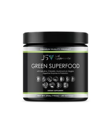 JS JUST SUPPLEMENTS Greens Superfood with Spirulina Chlorella Mushrooms & Veggies Digestive Enzymes & Probiotics
