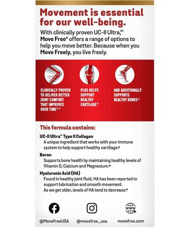 Move Free Ultra Triple Action Joint Support Supplement - 64 Tablets - Type II Collagen, Boron, Hyaluronic Acid - Joint Comfort, Cartilage & Bone Support - 1 Tiny Pill Daily - Buy Online on GoSupps.com