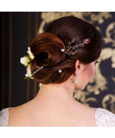 HINZIC Flower Hair Stick 2Pcs - Retro Chinese Hair Chopsticks for Bun | Wedding Hairpins for Bride Women Girls - Silver Black - Buy Online on GoSupps.com