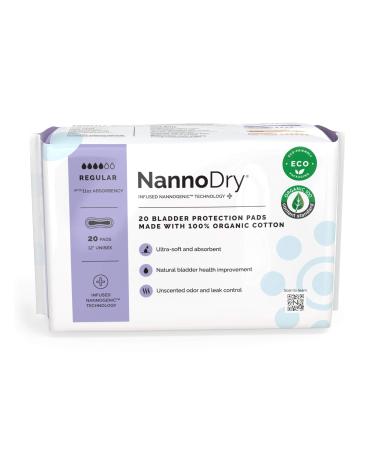 NannoDry Natural Incontinence Pads - Organic Cotton Bladder Leakage Pads - Pregnancy, Postpartum & Menopause Pads for Women and Men - Nannocare Regular (20 Count (Pack of 1) - 12" Long
