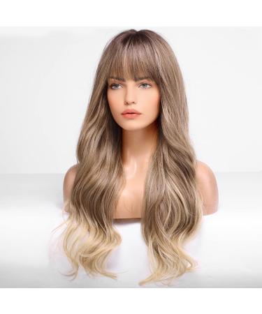 EMMOR Ombre Ash Blonde Wavy Wig with Bangs | Heat Resistant Synthetic | Natural Look for Daily Wear - Buy Online on GoSupps.com