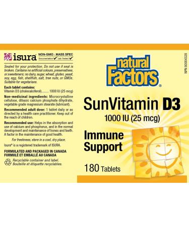 Natural Factors Vitamin D3 1000 IU | Supports Strong Bones, Muscles, Immunity | 180 Tablets - Buy Online on GoSupps.com