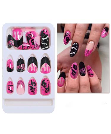 Halloween Acrylic Press On Nails - Medium Almond French Tip with Bat & Ghost Designs | 24 Pcs Full Cover Stick-On Nails for Women - Buy Online on GoSupps.com
