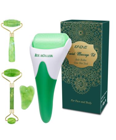 EAONE Ice Roller for Face, Face & Eye Roller for Puffiness Migraine Pain Relief with Jade Roller Gua Sha Facial Self Care Tools Face Massage Skincare Gifts for Women A-Green
