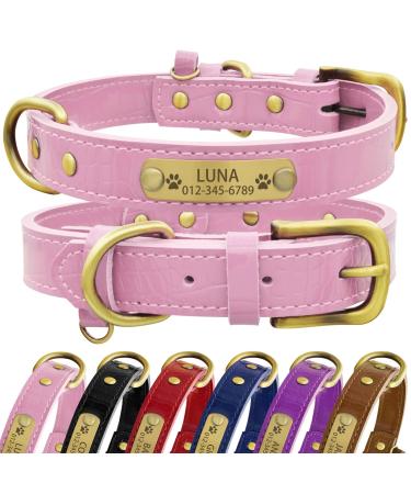 Senristar personalized dog collar made of real leather with engraved name tag - durable and stylish dog collar for small medium and large dogs (M pink) m (width 2.0 cm neck circumference 30-38 cm) pink)