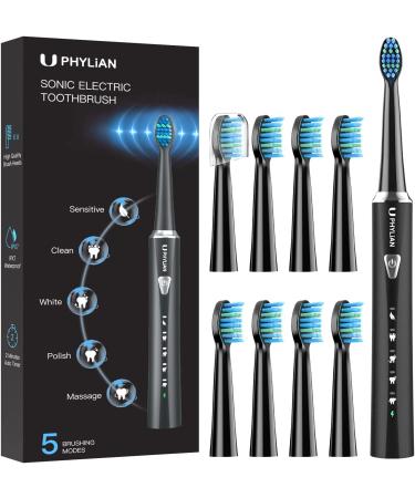 Sonic Electric Toothbrush Sonic Toothbrush - PHYLIAN Sonic Toothbrush With 8 Replacement Brushes 5 Cleaning Modes Timer Black - Buy Online on GoSupps.com