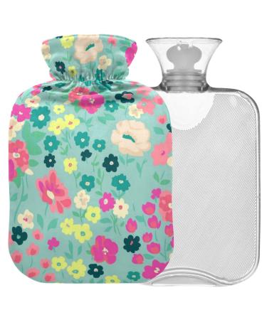NAANLE hot hot water bottle with reference retro flowers Transparent hot water bottle heat bottle for back pain relief hand feet warmer neck heat and cold therapy 1l
