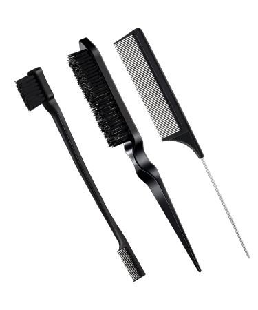 Geiserailie 3 Pcs Slick Brush Set Bristle Hair Brush Teasing Comb Edge Hair Brush Grooming Combs Sturdy Rat Tail Comb for Women Babies Kids' Hair (Black)