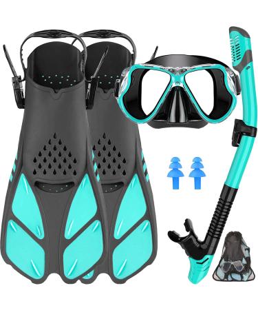 Createy Mask Fin Snorkel Set with Adult Snorkeling Gear, Panoramic View Diving Mask, Trek Fin, Dry Top Snorkel +Travel Bags, Snorkel for Lap Swimming Green S/M(Adult US Size 4.5-8.5)