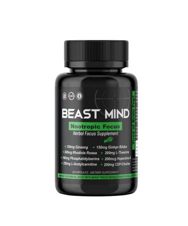 Beast Mind Focus Clarity Nootropic Blend | Ginkgo Biloba | Huperzine A | Rhodiola | Citicoline | L-Theanine | Enhanced Focus & Clarity & Cognitive Function Labs