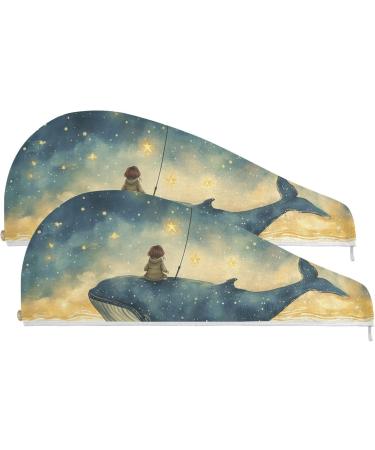 Starry Sky Girl Whale Hair Towel 2 Pack | Super Absorbent Quick Dry Hair Turbans for Women & Girls - Buy Online on GoSupps.com