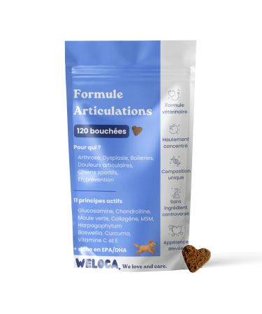 Dog osteoarthritis - 120 bites - 11 natural active ingredients (including glucosamine chondroitin green lipped mussel MSM devil's claw) - Anti-inflammatory - Highly dosed - Dog food supplement