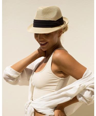 FURTALK Straw Fedora Sun Hat for Men Women | Roll Up Short Brim Trilby Panama Beach Hat UPF 50+ Beige - M/L - Buy Online on GoSupps.com