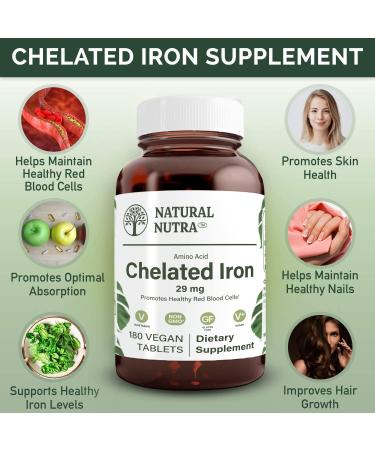 Natural Nutra Chelated Iron Supplement for Men and Women - 180 Tablets, Promotes Healthy Red Blood Cells, Nails, Hair Growth, and Skin Health - Buy Online on GoSupps.com