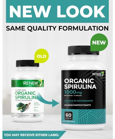 Renew Actives Organic Spirulina 1000MG per 2 Capsules Superfood for Men & Women Supports Energy, Wellness & Immune Function Rich in Antioxidants & Nutrients Made in Canada 60 Capsules - Buy Online on GoSupps.com