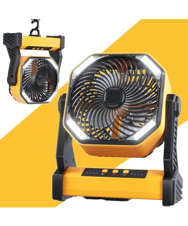 Camping LED Fan with Light, 20000mAh Rechargeable Battery Powered Outdoor Tent Fan with Light and Hook, 4 Speed, Personal USB Desk Fan for Camping, Fishing, Power Outage,Hurricane, Worksite D10-Yellow