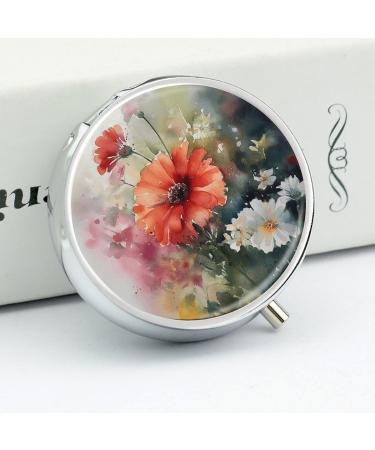 Round Pill Box Watercolor Print - 3 Compartment Portable Medicine Organizer | Decorative Metal Pocket Pill Case - Buy Online on GoSupps.com