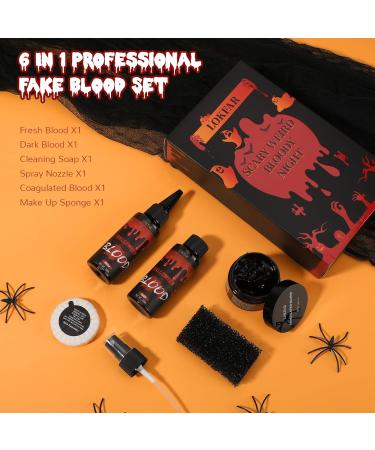 6 IN 1 Professional Fake Blood Kit - Realistic Effects Washable & Skin Friendly | 1.69oz Fake Blood x2 Coagulated Blood Spray Head Dripping Head Soap & Sponge - Buy Online on GoSupps.com
