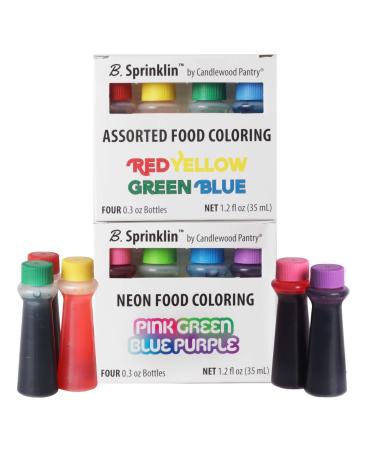 Candlewood Pantry B. Sprinklin Assorted Liquid Food Coloring Kit - 8 Bottles, 0.3 Ounces Each / Neon (4) and Regular (4) Colors