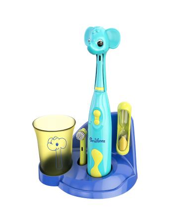 Brusheez® Kid's Electric Toothbrush Set - Soft Bristles, Easy-Press Power Button, Battery Operated, 2 Brush Heads, Animal Cover, Sand Timer, Rinse Cup and Storage Base - Ages 3+ (Ollie The Elephant)