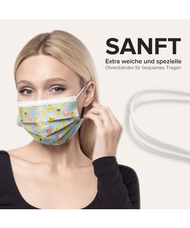 German-Made 100 Piece Disposable Face Masks | Type IIR & CE Certified | Triple Layer Filtration | Elastic Earloops | Smiley Design - Buy Online on GoSupps.com