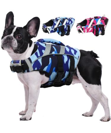 Kuoser life jacket Dog - camouflage tear -resistant dogs life jacket High visibility Dog fawn for small medium large dogs Large dogs with excellent buoyancy and rescue handle l blue camouflage