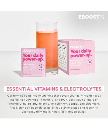 EBOOST Energy Drink & Electrolyte Powder 20 Packets - Pink Lemonade, No Added Sugar - Essential Vitamins, Nootropics, Natural Caffeine - Pre & Post Workout - Buy Online on GoSupps.com