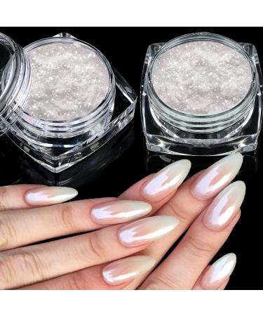2 Boxes White Pearl Chrome Nail Powder - Transparent Clear Ice Shimmer Chrome Pigment Powder for Nails  Glazed Donut Inspired Nails Mirror Effect Glitters Nail Art Powder for DIY Salon