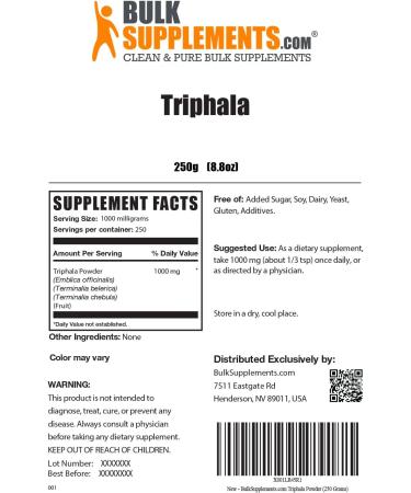 Triphala Powder 1000mg - Herbal Supplement with Amalaki, Bibhitaki & Haritaki - 250g (8.8 oz) - BulkSupplements - Buy Online on GoSupps.com