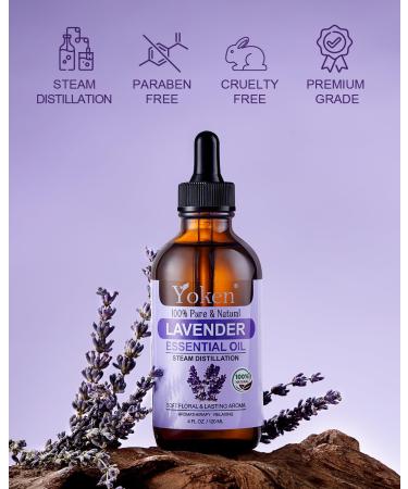 Yoken Lavender Essential Oil 4 Fl Oz 100% Pure and Natural Premium Grade Lavender Oils with Glass Dropper for Diffusers Aromatherapy Candle & Soap Making Massage - Buy Online on GoSupps.com