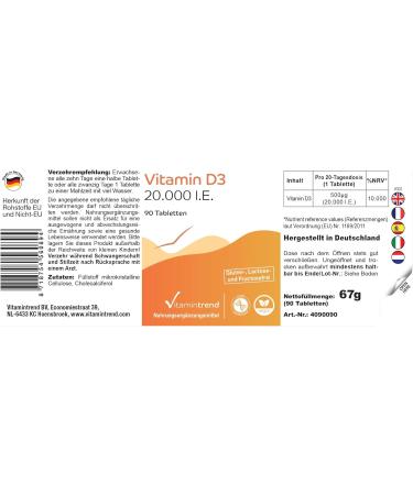 Vitamin D3 20000 IU - High Dose Cholecalciferol Tablets (90 Count) | Only 1 Tablet Every 20 Days | Vitamintrend - International Shipping Available - Buy Online on GoSupps.com