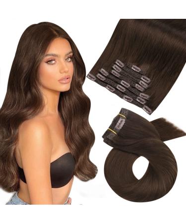 Moresoo Clip in Hair Extensions Real Human Hair Brown Hair Extensions Clip in Real Hair Dark Brown Clip in Extensions 16 Inch 7 Pieces/120g #4 40 cm #4