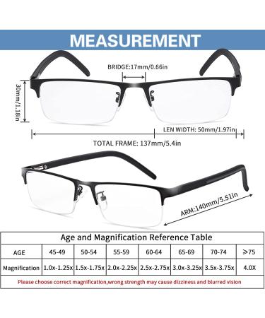 Anourney 3-Pack Men's Lightweight Metal Half-Frame Blue Light Blocking Reading Glasses 1.25x - Black - Buy Online on GoSupps.com