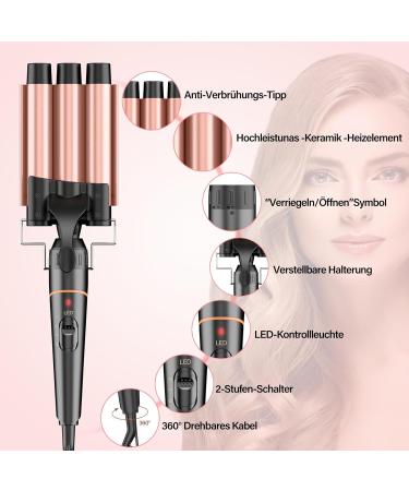 Locken Bars 3 Barrels Curling Iron Set - 5 in 1 Adjustable Temperature Ceramic Curlers with Fast Heating Glove & Clips - New Rose Gold for Large Petropes - Buy Online on GoSupps.com